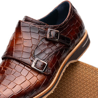 Zelli Legerra Hand-Burnished Crocodile Print Monk Strap in Cognac