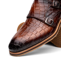 Zelli Legerra Hand-Burnished Crocodile Print Monk Strap in Cognac