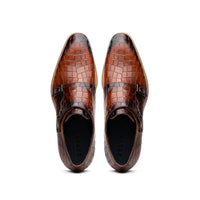 Zelli Legerra Hand-Burnished Crocodile Print Monk Strap in Cognac