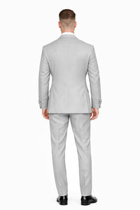 Men’s Light Grey Double Breasted Modern Designer Tailored Fit Wool Suit with Metal Buckle Closure