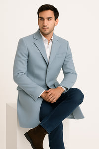 Men’s Light Blue Wool Overcoat – Classic Single-Breasted Long Coat - Sky Blue Carcoat Wool Fabric