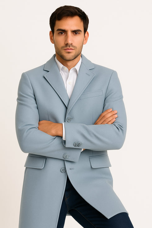 Men’s Light Blue Wool Overcoat – Classic Single-Breasted Long Coat - Sky Blue Carcoat Wool Fabric