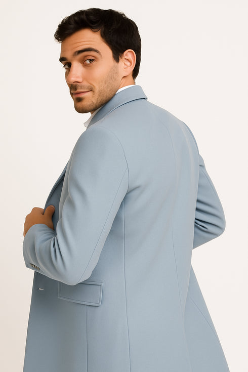 Men’s Light Blue Wool Overcoat – Classic Single-Breasted Long Coat - Sky Blue Carcoat Wool Fabric