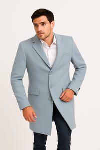 Men’s Light Blue Wool Overcoat – Classic Single-Breasted Long Coat - Sky Blue Carcoat Wool Fabric
