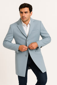Men’s Light Blue Wool Overcoat – Classic Single-Breasted Long Coat - Sky Blue Carcoat Wool Fabric