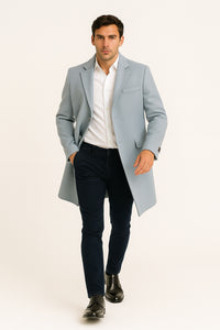 Men’s Light Blue Wool Overcoat – Classic Single-Breasted Long Coat - Sky Blue Carcoat Wool Fabric