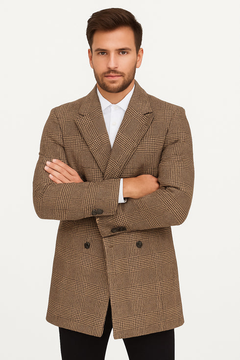 Mens Gray and Light Brown Glen Plaid Wool Overcoat – Double-Breasted Vintage Check Coat