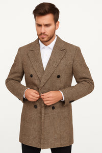 Mens Gray and Light Brown Glen Plaid Wool Overcoat – Double-Breasted Vintage Check Coat