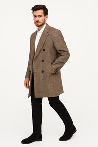 Mens Gray and Light Brown Glen Plaid Wool Overcoat – Double-Breasted Vintage Check Coat
