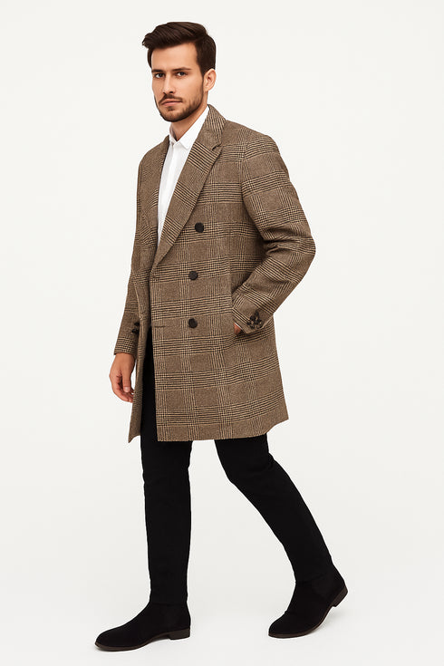 Mens Gray and Light Brown Glen Plaid Wool Overcoat – Double-Breasted Vintage Check Coat