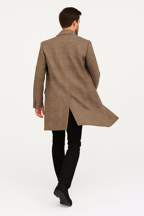 Mens Gray and Light Brown Glen Plaid Wool Overcoat – Double-Breasted Vintage Check Coat