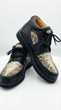 Mens Black and Natural Exotic Alligator Crocodile Casual Shoes – Ostrich and Snakeskin Pattern Lace Up Dress Shoes - Boot By Los Altos