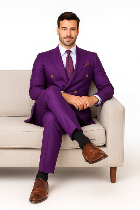 Mens Designer Modern Fit Double Breasted Wool Suit with Gold Buttons in Purple