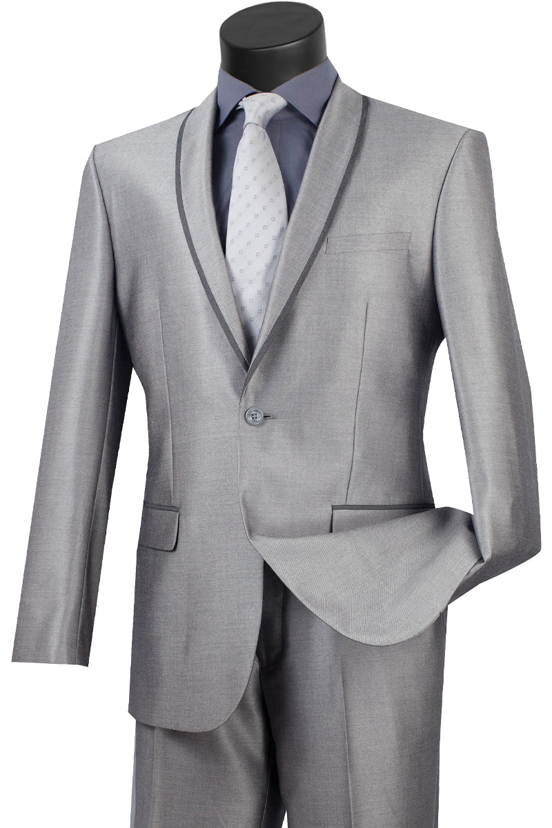 Mens Slim Fit One Button Shawl Tuxedo in Heather Grey