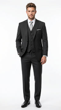 Men’s Black Bold Pinstripe 1920s Suit with Vest and Pants – Vintage Gangster Style Outfit
