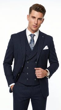 Men’s Navy Gangster Pinstripe Suit with 2 Button Jacket, Double Breasted Vest and Pants