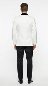 Marco Lorenzo Premium White Paisley 4 Piece Suit with Black Velvet Shawl Lapel and Matching Bow Tie