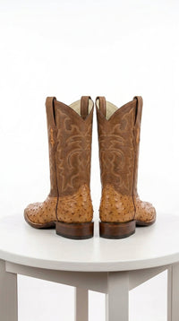 Men’s Los Altos Brown Ostrich Skin Wide Square Toe Boots, Exotic Western Cowboy Dress Boots