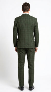 Men’s Olive Windowpane Plaid Suit, 2 Button Formal Suit with Double Breasted Vest