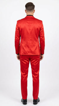 Men’s Red 3 Piece Slim Fit Shiny Satin Suit, Formal Wedding Prom Party Dress Suit