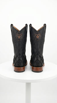 Men’s Los Altos Black Matte Pirarucu Wide Square Toe Cowboy Boots, Genuine Exotic Western Boots