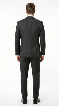 Men’s Black Bold Pinstripe 1920s Suit with Vest and Pants – Vintage Gangster Style Outfit