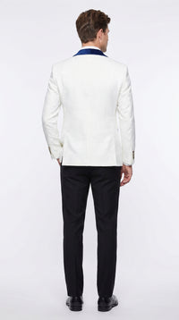Marco Lorenzo Premium White Paisley 4 Piece Suit with Royal Blue Velvet Shawl Lapel and Matching Bow Tie