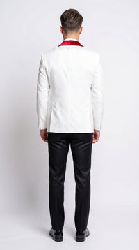 Marco Lorenzo Premium White Paisley 4 Piece Suit with Red Velvet Shawl Lapel and Matching Bow Tie