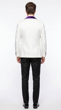 Marco Lorenzo Premium White Paisley 4 Piece Suit with Purple Velvet Shawl Lapel and Matching Bow Tie