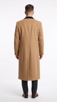 Men’s Beige Camel Chesterfield Overcoat, Wool and Cashmere Full Length Coat with Velvet Collar