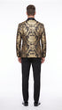 Men’s Black and Gold Floral Jacquard 3 Piece Suit, Modern Fit Tuxedo with Matching Bow Tie for Weddings and Prom