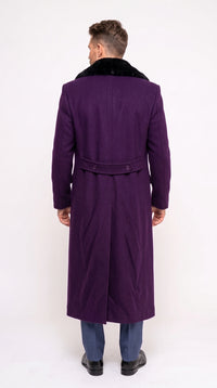 Men’s Purple Wool Overcoat, Long Winter Dress Topcoat with Black Fur Collar for Formal and Business Wear