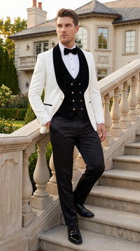Marco Lorenzo Premium White Paisley 4 Piece Suit with Black Velvet Shawl Lapel and Matching Bow Tie