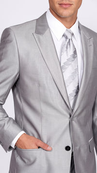 Men’s Silver Shiny Sharkskin Suit – 2 Button Peak Lapel Formal Suit with Flat Front Pants for Wedding, Prom & Party