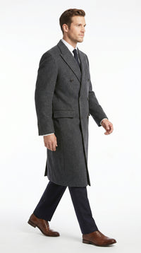 Men’s Dark Grey 44 Inch Double Breasted Wool Blend Overcoat, Long Length Dress Coat