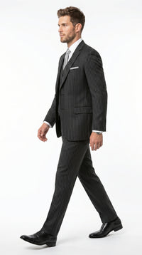 Men’s Black Bold Pinstripe 1920s Suit with Vest and Pants – Vintage Gangster Style Outfit
