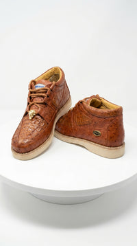 Men’s Wild West Brown Caiman and Ostrich Skin Shoes with Lace Up Front, Exotic Western Dress Shoes