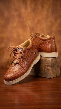 Men’s Wild West Brown Caiman and Ostrich Skin Shoes with Lace Up Front, Exotic Western Dress Shoes