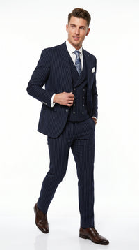 Men’s Navy Gangster Pinstripe Suit with 2 Button Jacket, Double Breasted Vest and Pants