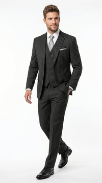 Men’s Black Bold Pinstripe 1920s Suit with Vest and Pants – Vintage Gangster Style Outfit