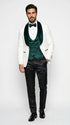 Marco Lorenzo Premium White Paisley 4 Piece Suit with Green Velvet Shawl Lapel and Matching Bow Tie