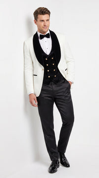 Marco Lorenzo Premium White Paisley 4 Piece Suit with Black Velvet Shawl Lapel and Matching Bow Tie