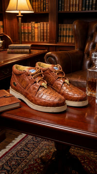 Men’s Wild West Brown Caiman and Ostrich Skin Shoes with Lace Up Front, Exotic Western Dress Shoes