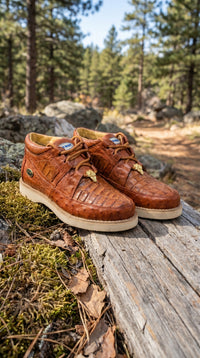 Men’s Wild West Brown Caiman and Ostrich Skin Shoes with Lace Up Front, Exotic Western Dress Shoes