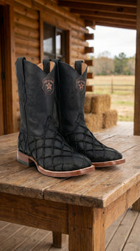 Men’s Los Altos Black Matte Pirarucu Wide Square Toe Cowboy Boots, Genuine Exotic Western Boots