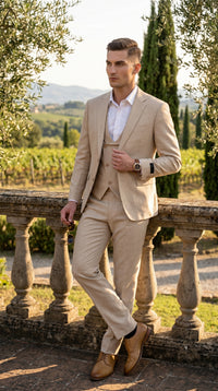 Men’s Khaki Sharkskin Wedding Suit with One Button Jacket, Double Breasted Vest and Pants