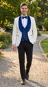 Marco Lorenzo Premium White Paisley 4 Piece Suit with Royal Blue Velvet Shawl Lapel and Matching Bow Tie
