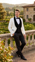 Marco Lorenzo Premium White Paisley 4 Piece Suit with Black Velvet Shawl Lapel and Matching Bow Tie