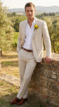 Men’s Natural Sand Linen Suit, Light Tan Summer Beach Wedding Suit