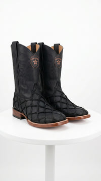 Men’s Los Altos Black Matte Pirarucu Wide Square Toe Cowboy Boots, Genuine Exotic Western Boots